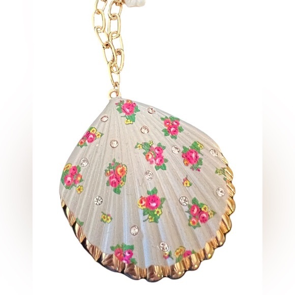 Betsey Johnson NWT Shell Necklace Pink Crystals & Floral Print Design (J028) - Picture 2 of 6